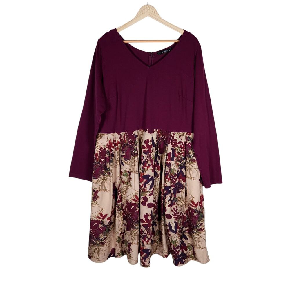 eShakti Womens Dress 18W Burgundy Floral Long Sleeve Midi Retro Casual Dressy
